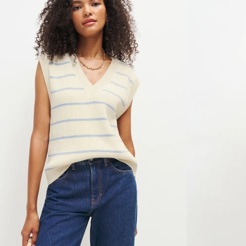 Reformation Cream and Blue V-Neck Sweater